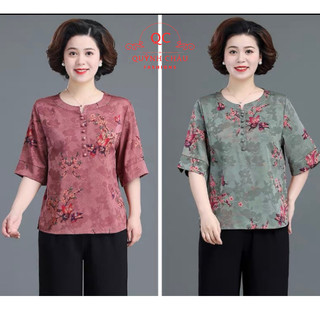 Đồ bộ cho mẹ mặc nhà, Bộ vải Lụa Pháp trung niên nữ cho mẹ tay lửng ống suông. NT06