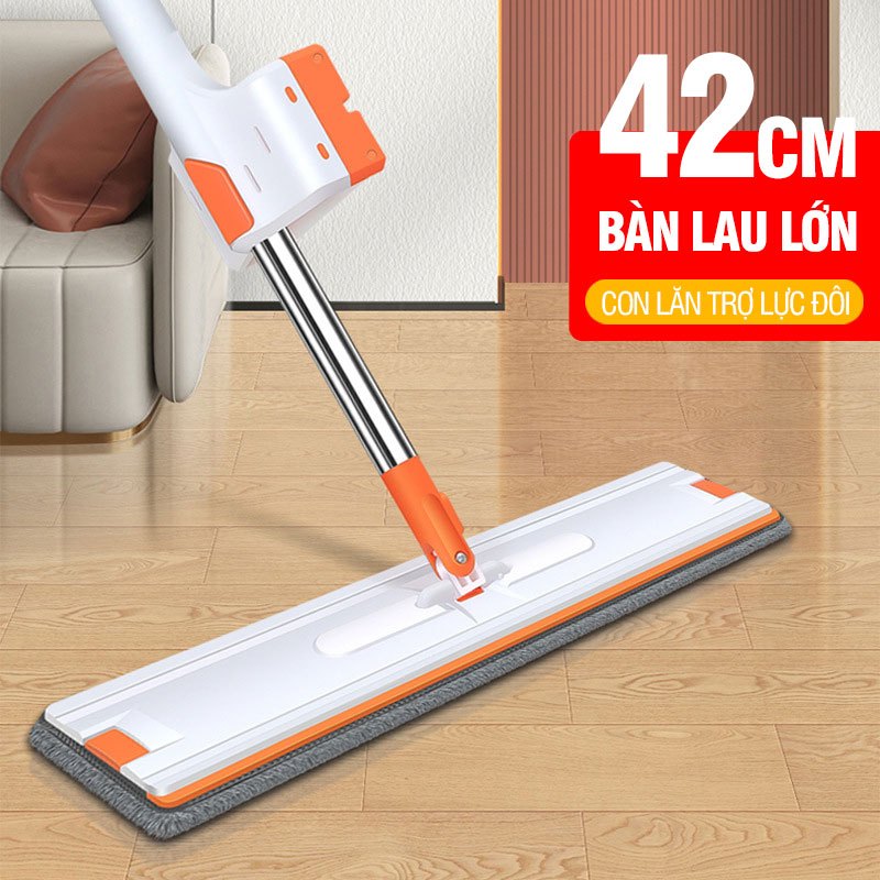 Cây lau nhà tự vắt Kitimop-White bàn lau lớn 42cm, con lăn trợ lực, thanh thép không gỉ, khớp xoay 360 độ, 2 bông lau