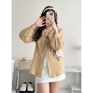 (T'achi) Đầm suông gân cổ nhọn cột dây cổ tay dài