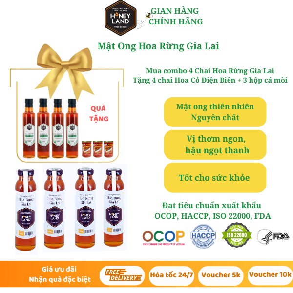 Combo 4 chai mật ong rừng Gia Lai 470g/chai Honeyland TẶNG 4 chai mật ong hoa Điện Biên 380g/chai & 5 hộp Cá Mòi