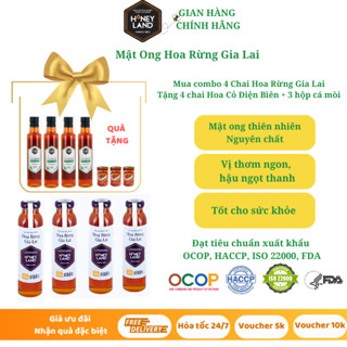 Combo 4 chai mật ong rừng Gia Lai 470g/chai Honeyland TẶNG 4 chai mật ong hoa Điện Biên 380g/chai & 3 hộp Cá Mòi