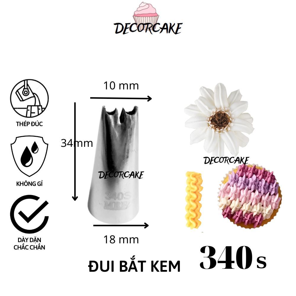 Đui bắt kem 340, Đuôi bắt kem trang trí bánh bằng thép không gỉ đúc liền khối dày dặn, cứng cáp