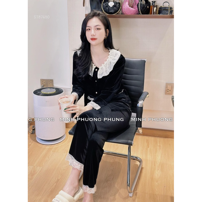 Bộ ngủ nhung viền ren hai túi bánh bèo