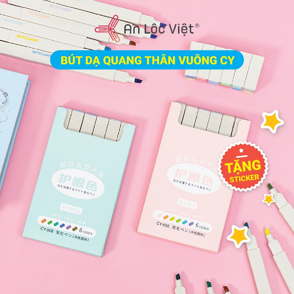 Hộp 6 cây Bút dạ quang Highlight thân vuông CY-508 - Tông Màu Pastel xinh xắn cực cool