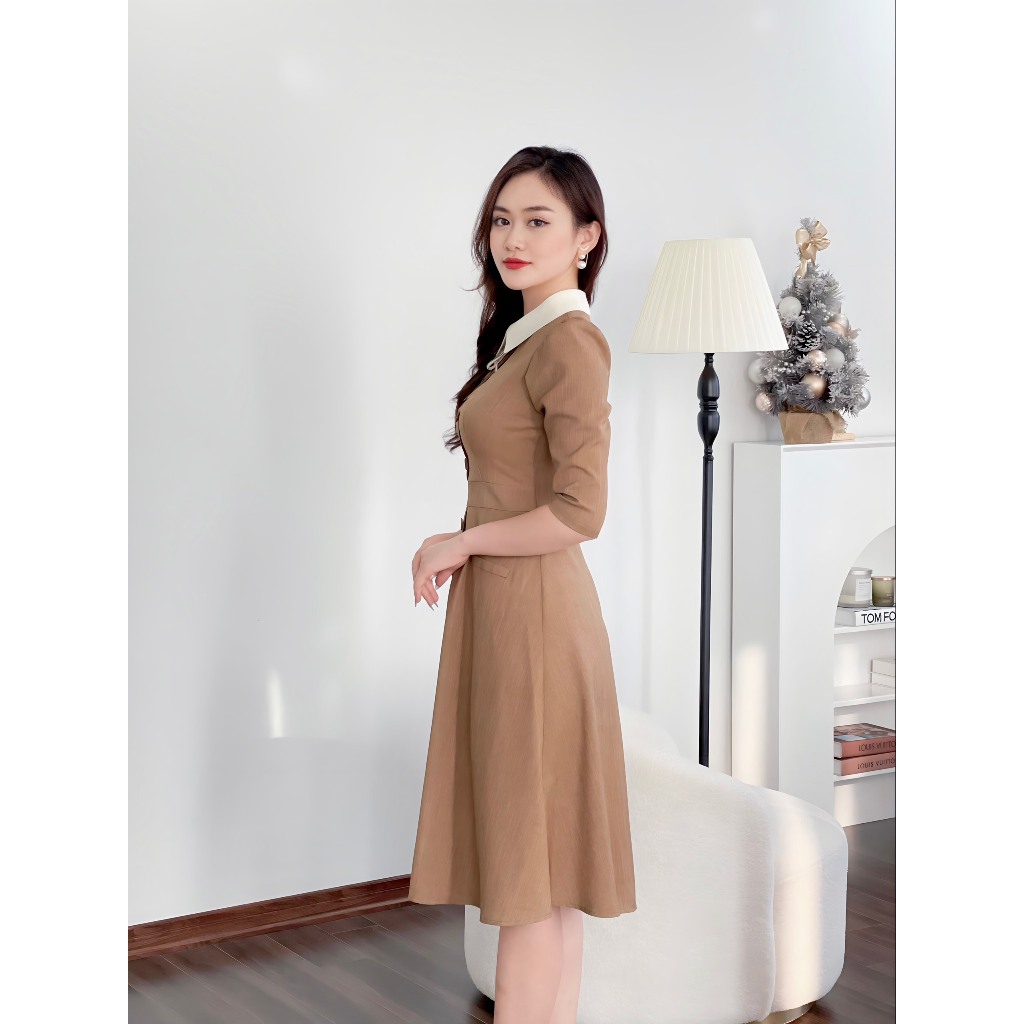 Váy công sở thiết kế cổ đức lịch sự, phối nơ hoa lịch sự Emvy Fashion K83