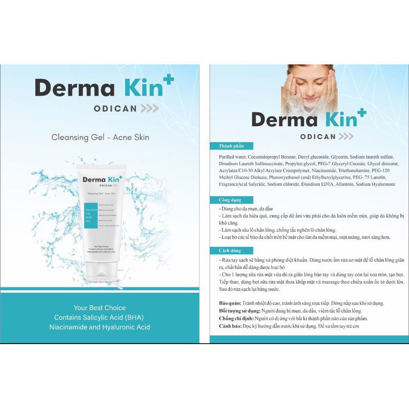Sữa Rửa Mặt Derma Kin + Dành Cho Da Dầu Mụn - 150ml với thành phần BHA, Niacinamide và Hyaluoronic Acid