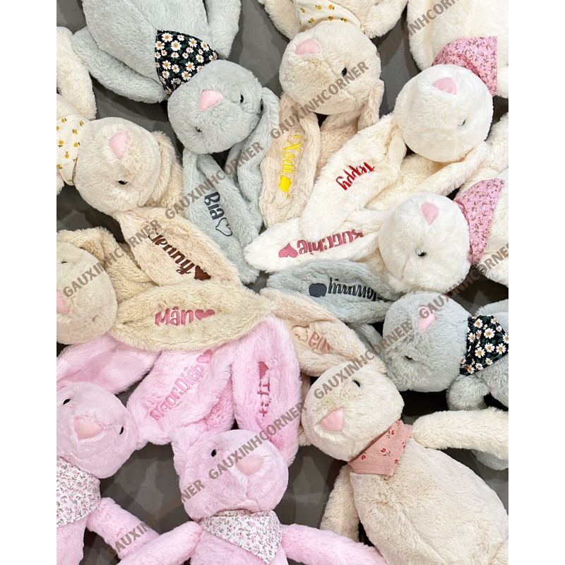 Thỏ bông Jellycat thêu tên lông mềm kèm yếm hoa loại 1 cao cấp quà tặng cho bé|Gauxinhcorner