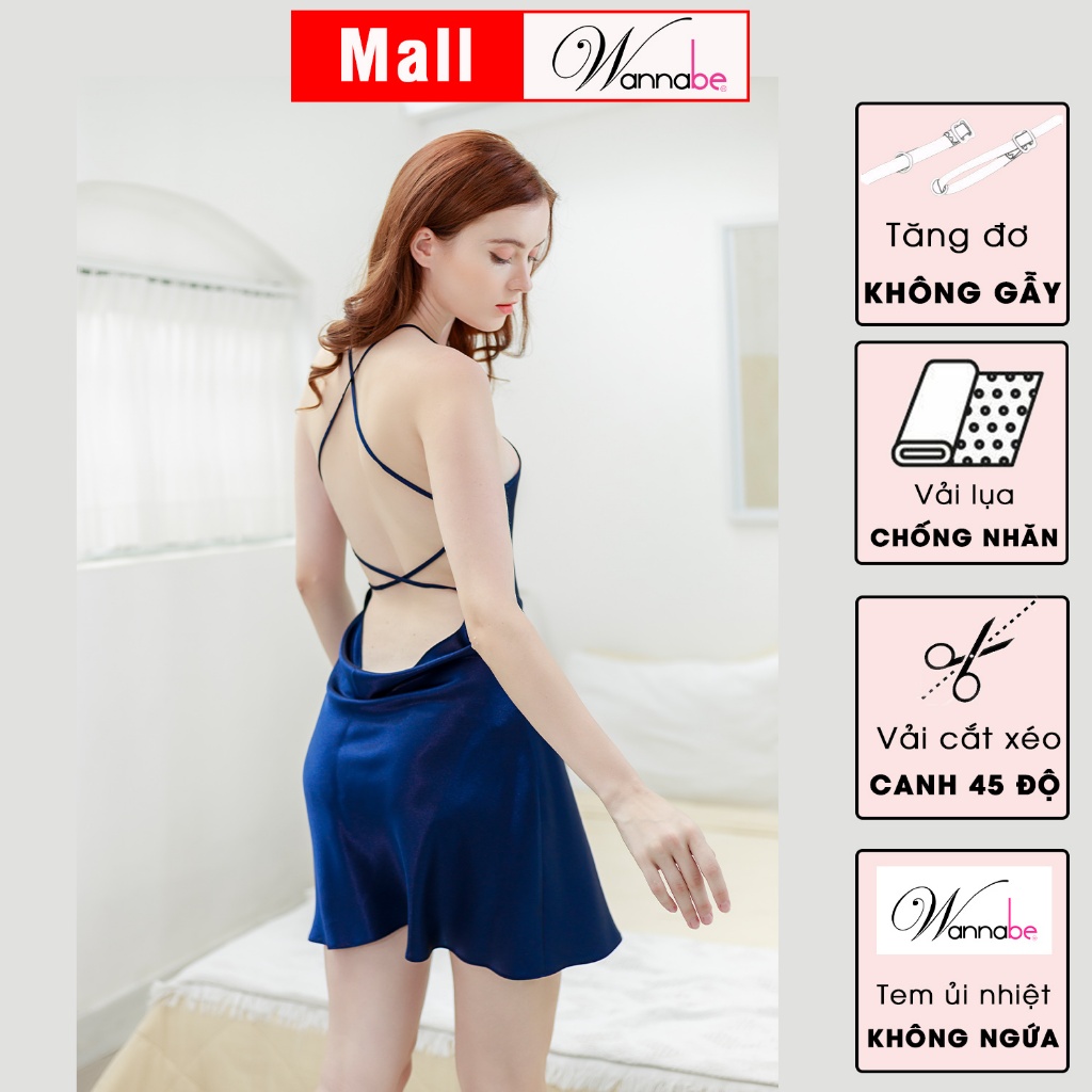 Đầm ngủ phi lụa cao cấp WANNABE DNS32 váy ngủ 2 dây cổ yếm, hở lưng thắt dây ziczac khoe lưng trần gợi cảm quyến rũ