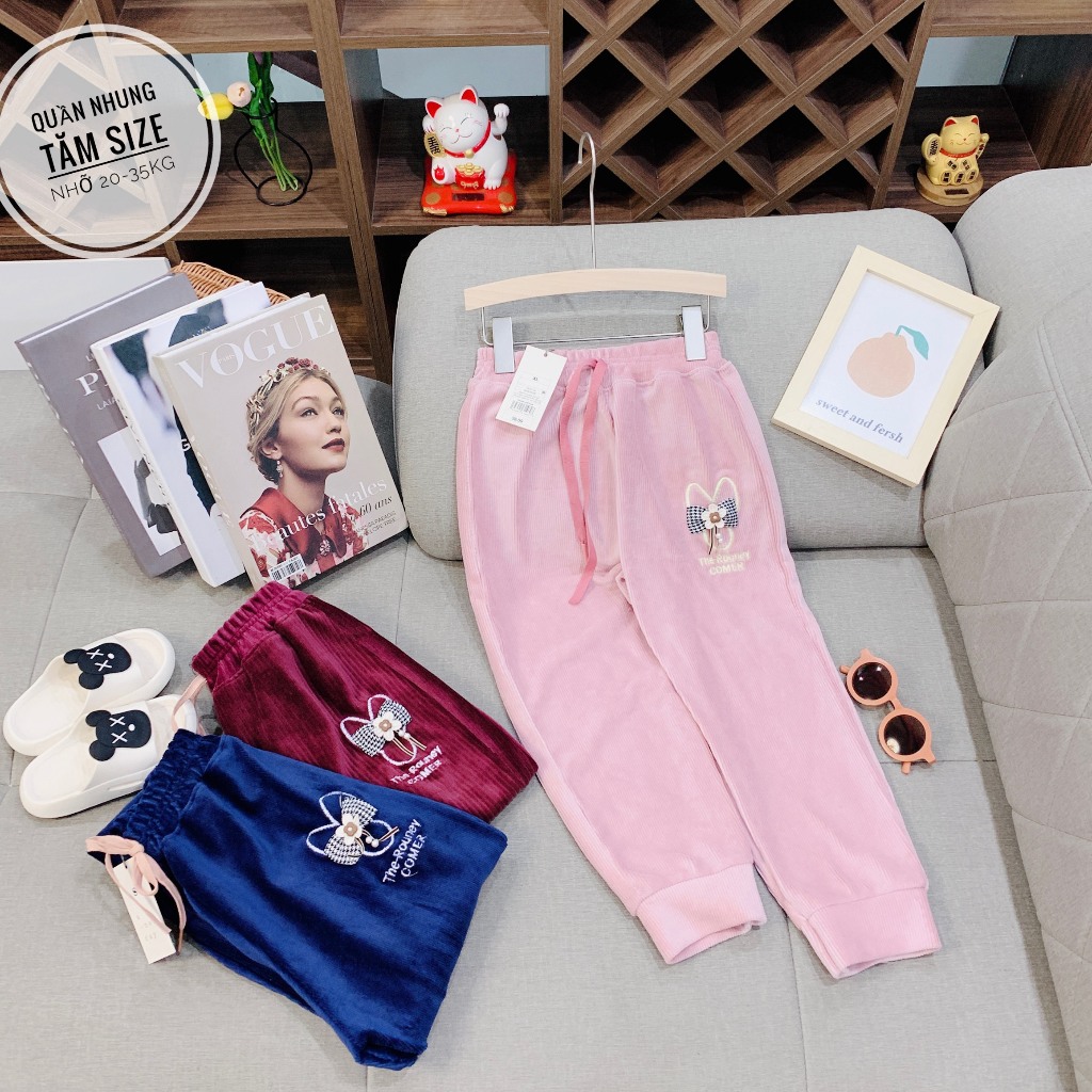 Quần nhung thu đông cho bé gái, Quần dài chất nhung tăm cho bé từ 19-35kg
