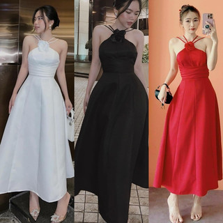 Đầm midi dây cổ yếm tag hoa xếp eo