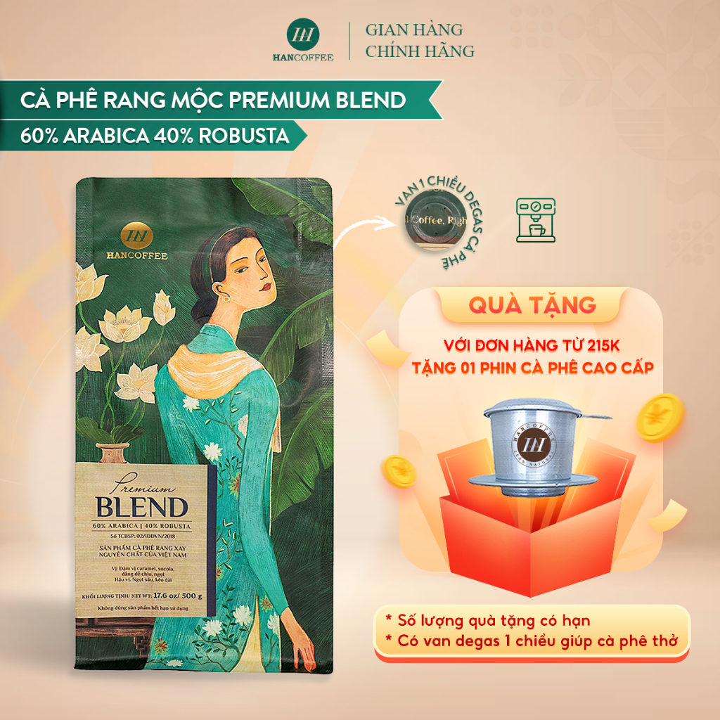 Cà Phê Premium Blend HANCOFFEE Đắng Dễ Chịu, Ngọt Sâu, Kéo Dài Pha Máy Túi 500gr - HN60A40RH