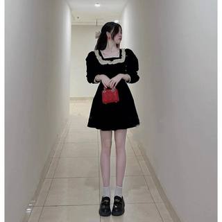 🌷Đầm nhung đen cổ U tay dài