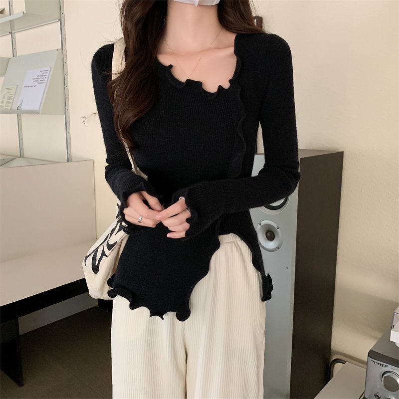 Áo kiểu nữ trơn xẻ tà vạt bèo GUZ, áo thun dài aty dáng ngắn ôm body tôn dáng sexy bánh bèo thu đông