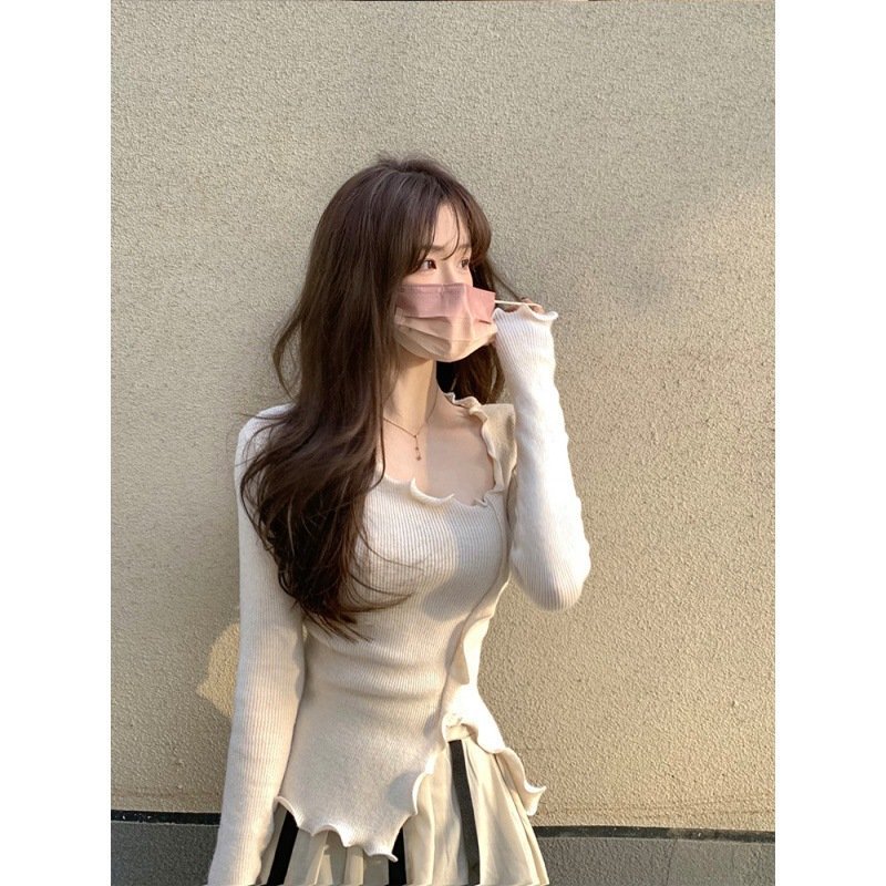 Áo kiểu nữ trơn xẻ tà vạt bèo GUZ, áo thun dài aty dáng ngắn ôm body tôn dáng sexy bánh bèo thu đông