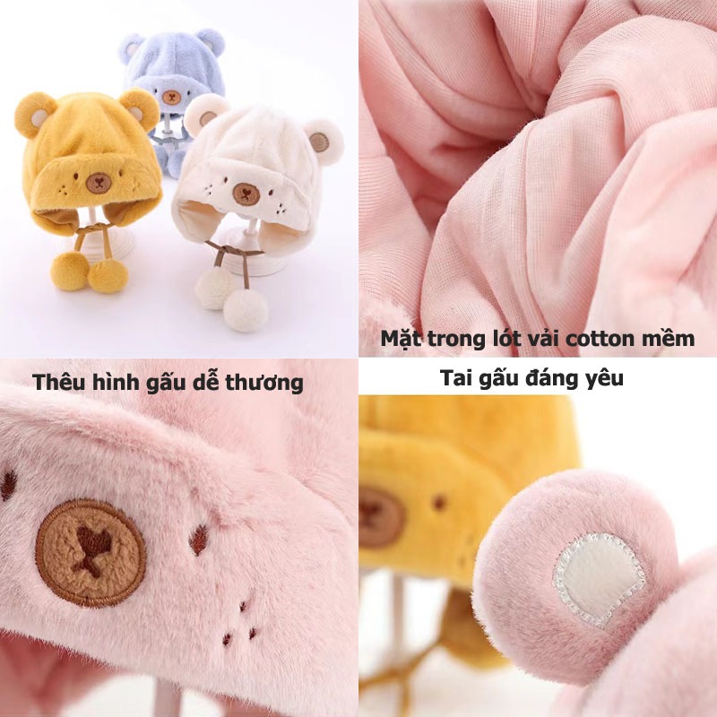 Mũ len lông vũ hình gấu cho bé trai bé gái có dây buộc quả bông tai nơ mềm mịn