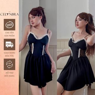 Váy ngủ lụa phối ren dáng xòe sexy the celynbra - v121