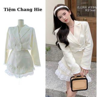 Set dạ trắng croptop kèm chân váy phối ren | Set dạ trắng nữ đi làm đi chơi Tiệm Chang Hie
