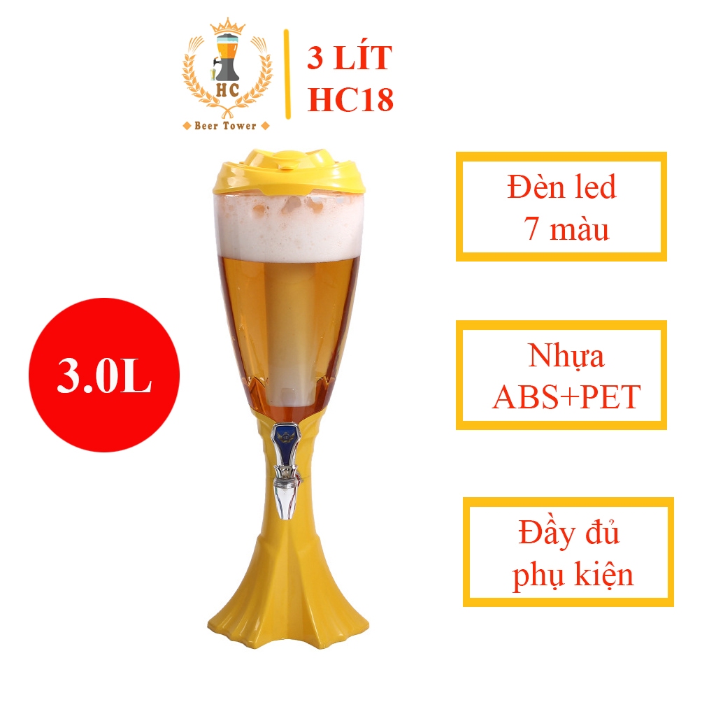 Tháp Bia 3 Lít HC18 Hình Ly Có Lõi đá giữ lạnh Đèn LED 7 màu Đựng Beer, Nước Ngọt, nước hoa quả cho Nhà hàng, quán bar