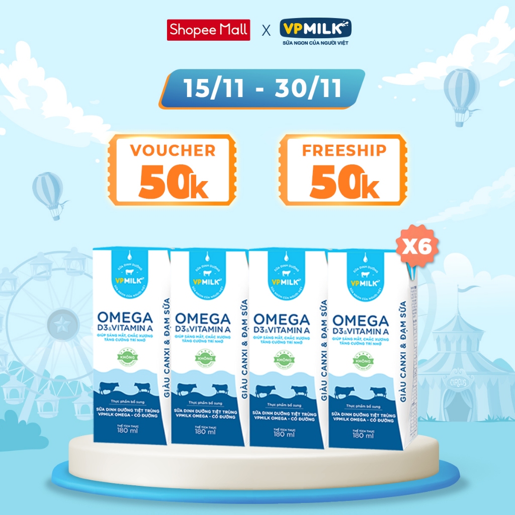 [Combo 6 lốc] Sữa Dinh Dưỡng Tiệt Trùng VPMilk Omega CÓ ĐƯỜNG dạng hộp cho bé 180ml (4 hộp x 6)