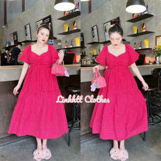 Đầm caro tay phồng babydoll xoè dài váy tiểu thư caro