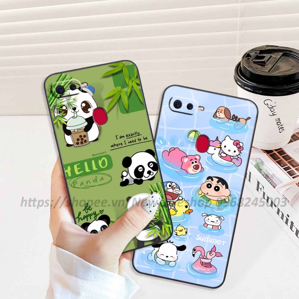 Ốp Oppo A5s / A7 / A12 / F9 viền vuông hình gấu dâu lotso,shin,gấu trúc cute dễ thương