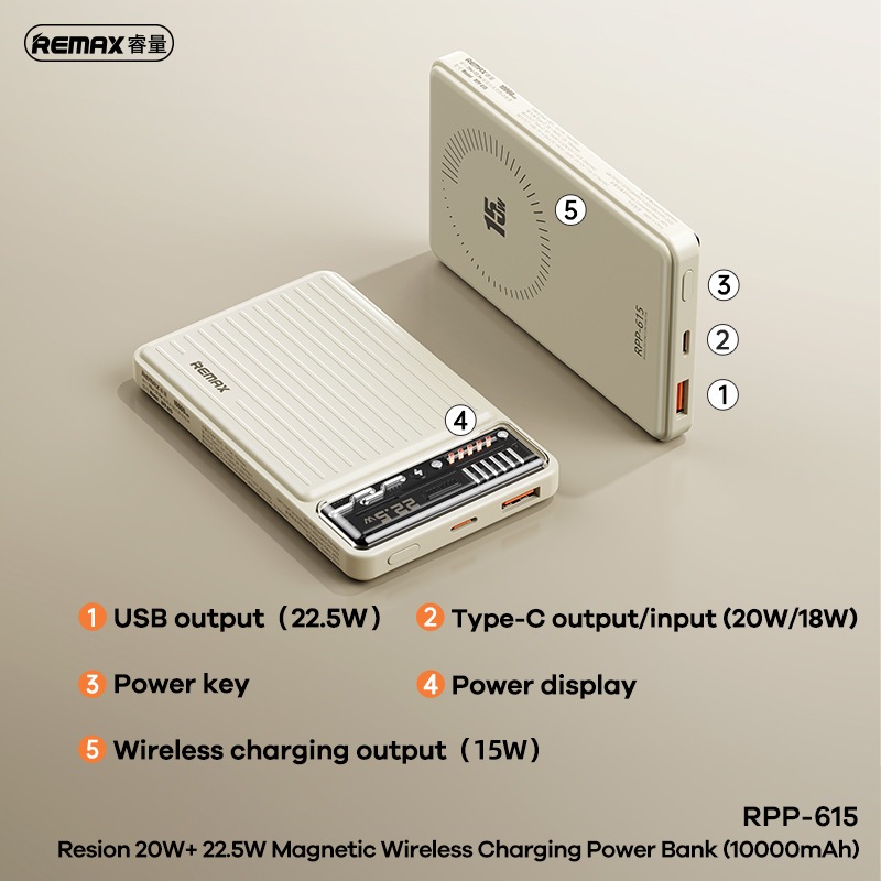 Pin dự phòng sạc nhanh Remax RPP-615 10000mAh không dây wireless 15W / QC 22.5W / PD 20W