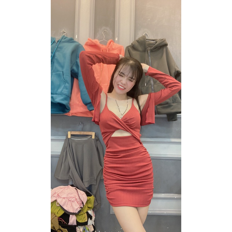 Đầm kèm khoát có đệm chất vải gân trung cotton vải mềm mịn daỳ có nhún hai bên Nữ
