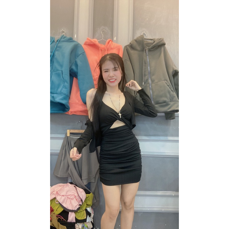 Đầm kèm khoát có đệm chất vải gân trung cotton vải mềm mịn daỳ có nhún hai bên Nữ
