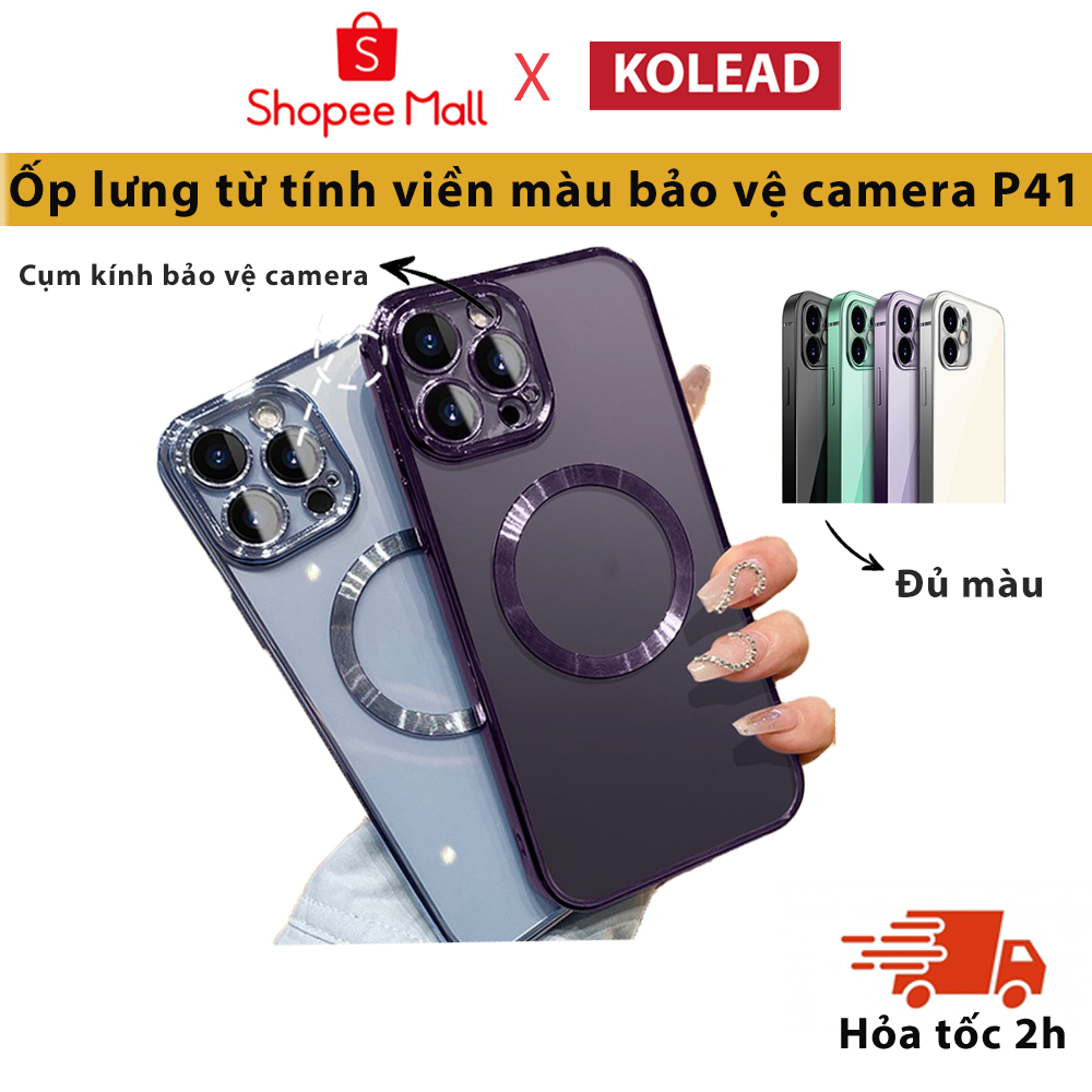 [lphone 14 15] Ốp Điện Thoại từ tính Silicon Trong Suốt KOLEAD P41 Có Viền và Vòng Kim Loại cho IP 14 15 Pro Promax Plus