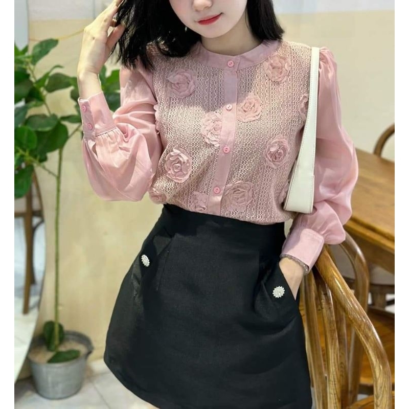 Áo sơ mi dài tay hoa hồng kết nổi