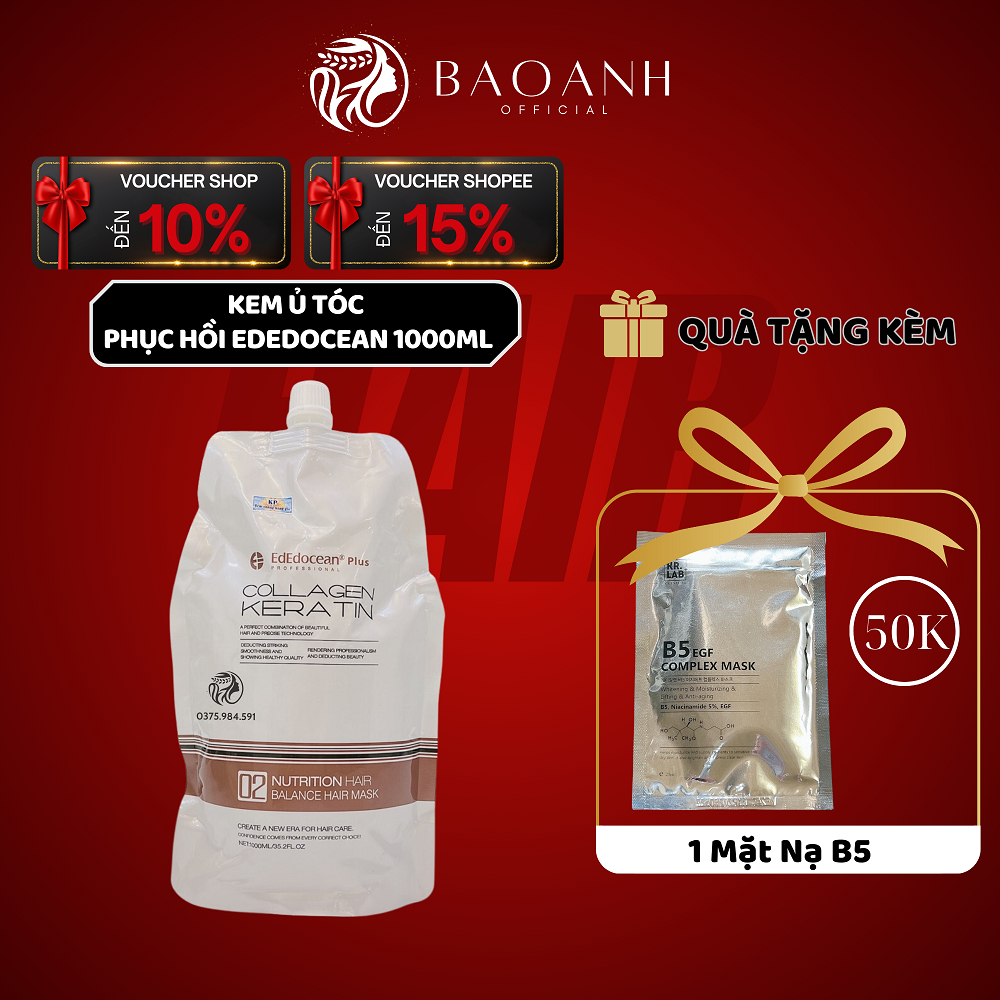 Kem Hấp Dầu Hấp Ủ Tóc Collagen Keratin Ededocean Plus 1000ml Phục Hồi Hư Tổn, Siêu Mềm Mượt - LS