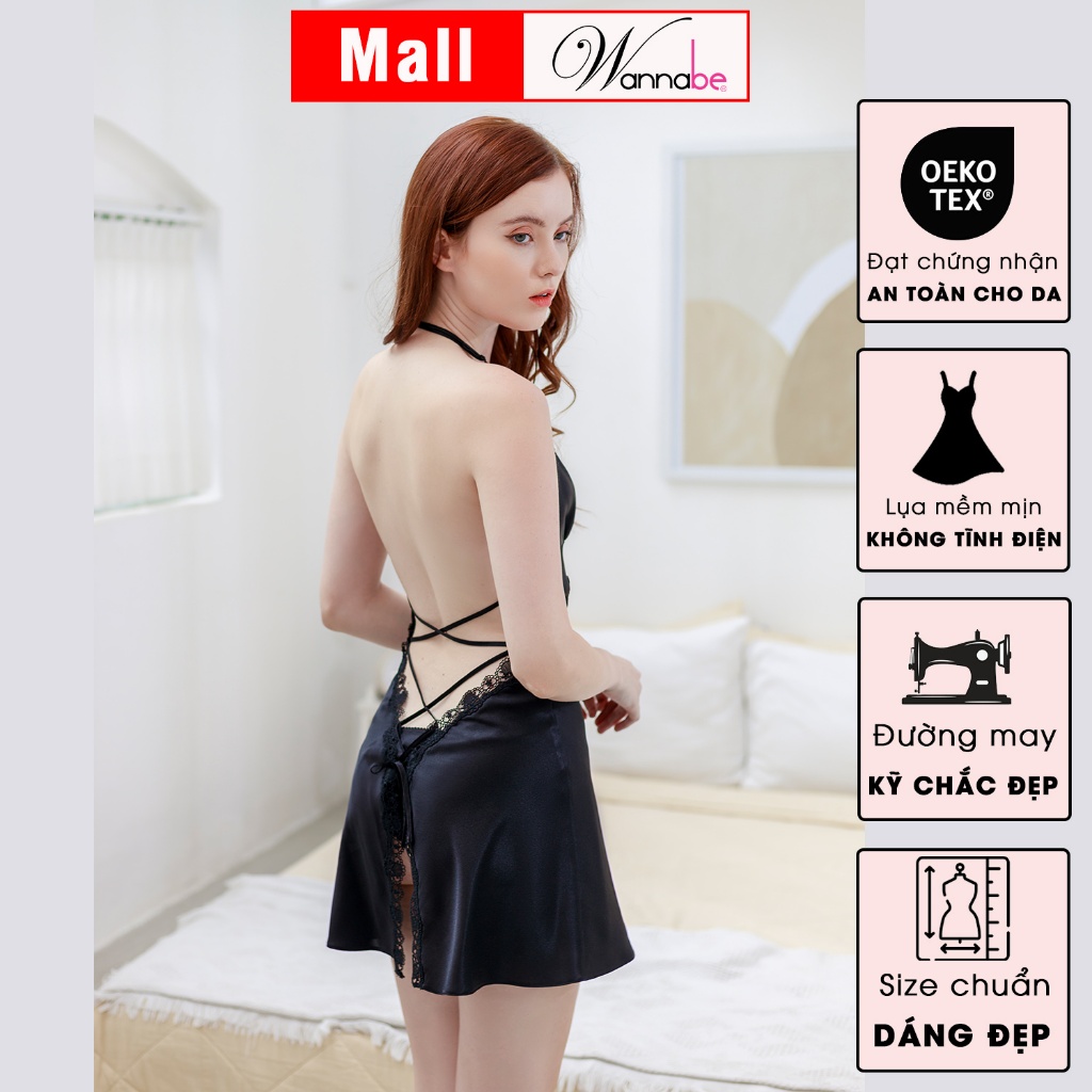 Đầm ngủ WANNABE DNS18 váy ngủ lụa cut out eo mông đan dây lưng xxx nóng bỏng, có thể tự do mở dây thật quyến rũ