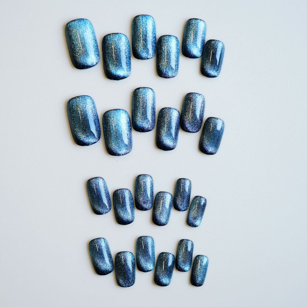 Móng Tay Giả Mắt Mèo Hin Nail Form Ngắn Màu Blue Ombre Hottrend