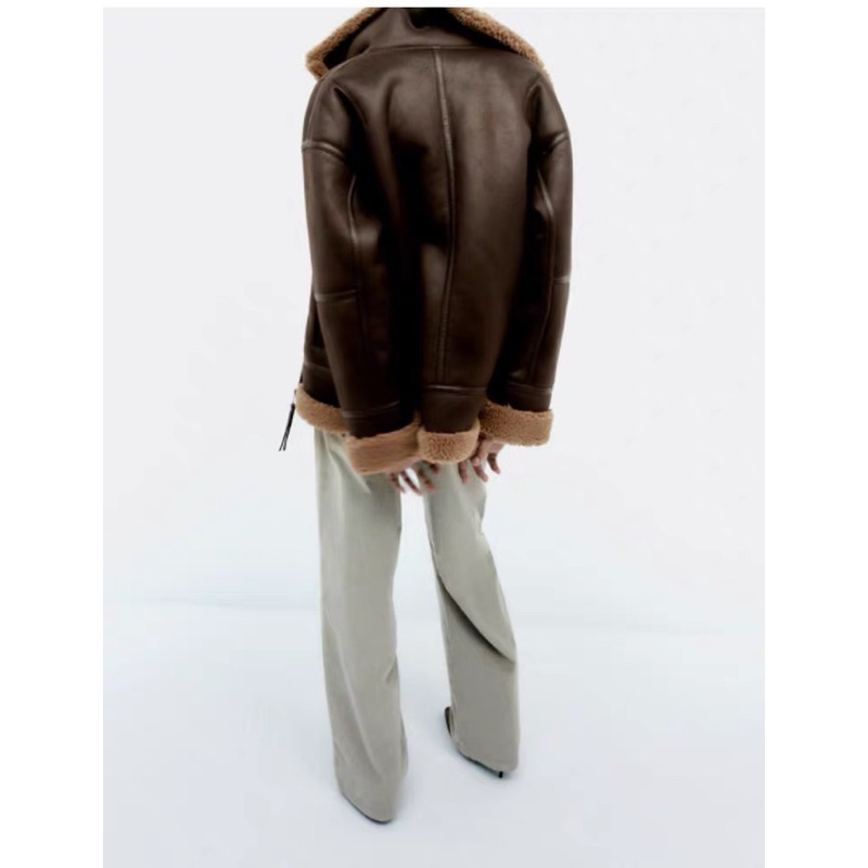 ÁO KHOÁC DA LÓT LÔNG MÀU NÂU DÁNG DÀI ZARA XUẤT DƯ