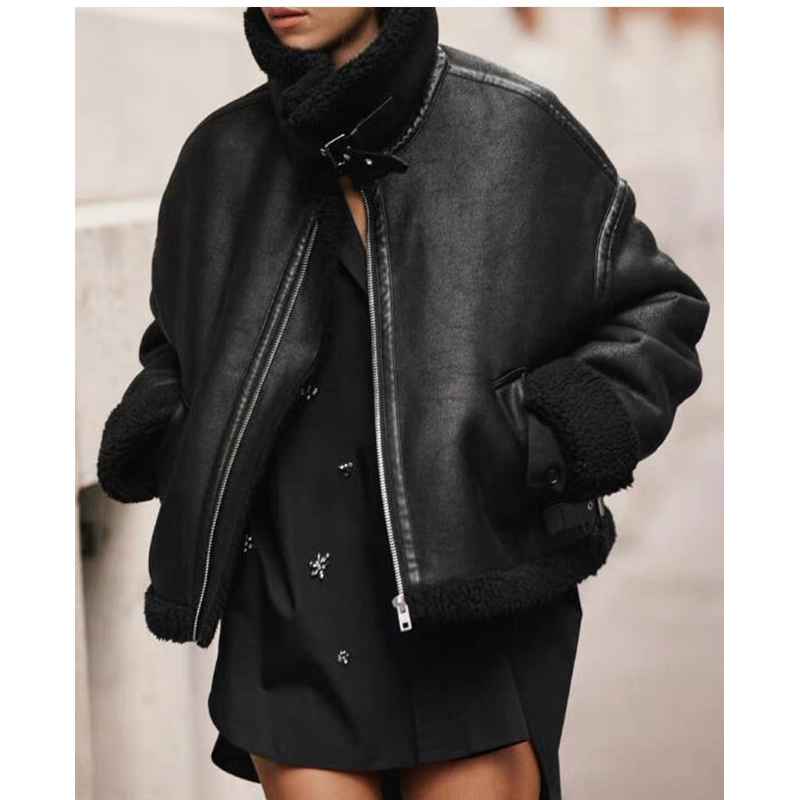 ÁO KHOÁC DA LÓT GIẢ LÔNG MÀU ĐEN ZARA XUẤT