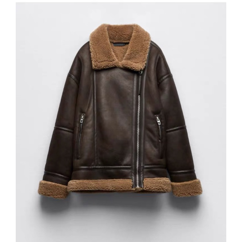 ÁO KHOÁC DA LÓT LÔNG MÀU NÂU DÁNG DÀI ZARA XUẤT DƯ