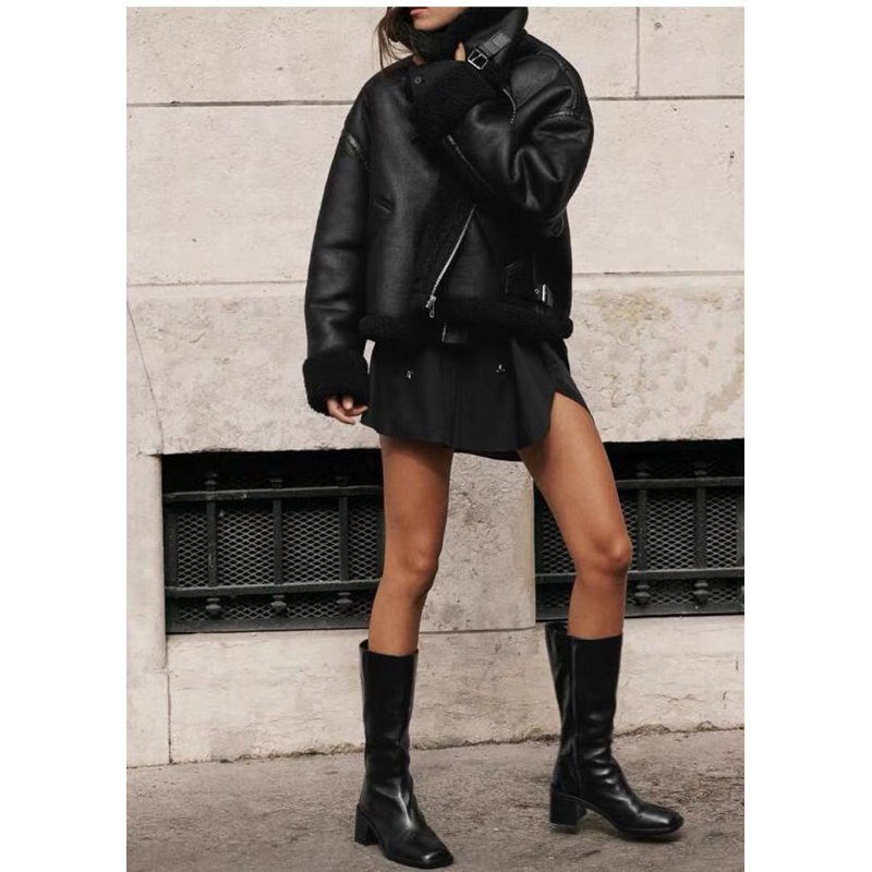 ÁO KHOÁC DA LÓT GIẢ LÔNG MÀU ĐEN ZARA XUẤT