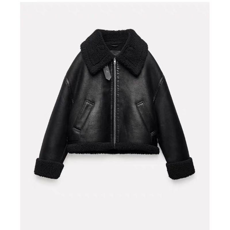 ÁO KHOÁC DA LÓT GIẢ LÔNG MÀU ĐEN ZARA XUẤT