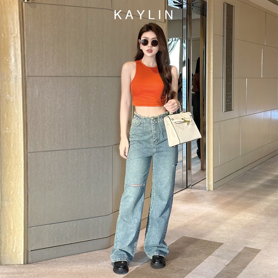 Quần jean KAYLIN Basic vải denim dáng suông rách gối phong cách thường ngày N2142