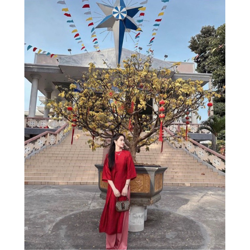 SET ÁO DÀI  ĐỎ CÀI NÚT TAY BỒNG CHÂN VÁY TRẮNG ❤️