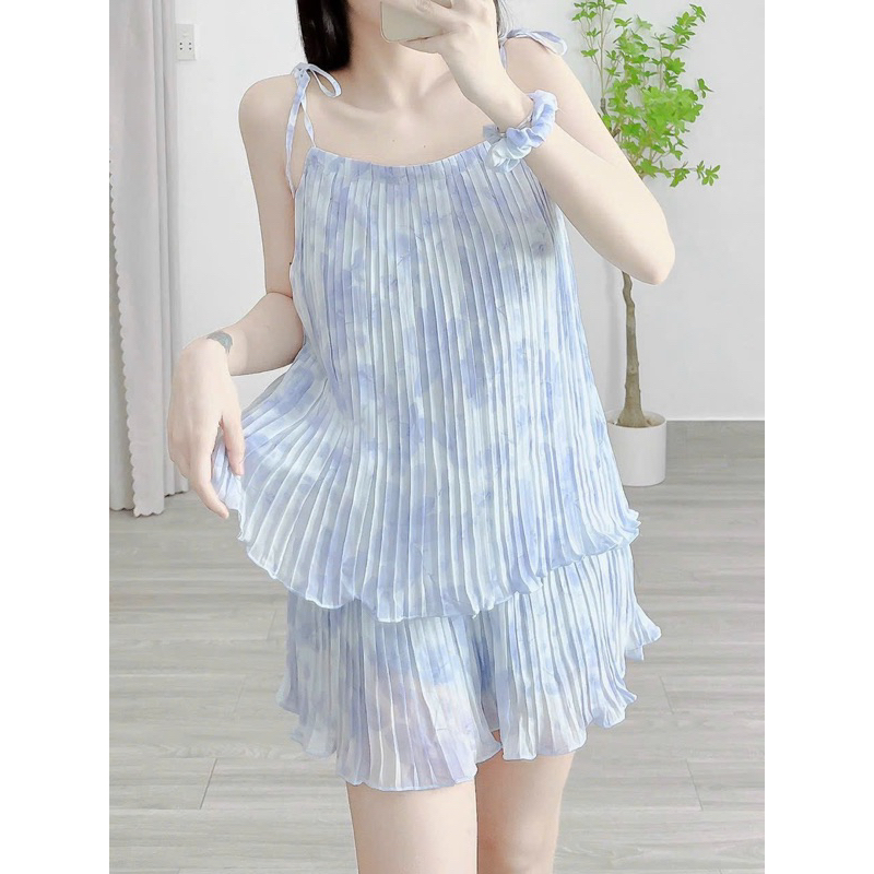 Đồ ngủ 2 dây xếp li, bộ ngủ mặc nhà voan hoa có lớp lót, quần giả váy cực xinh DN127