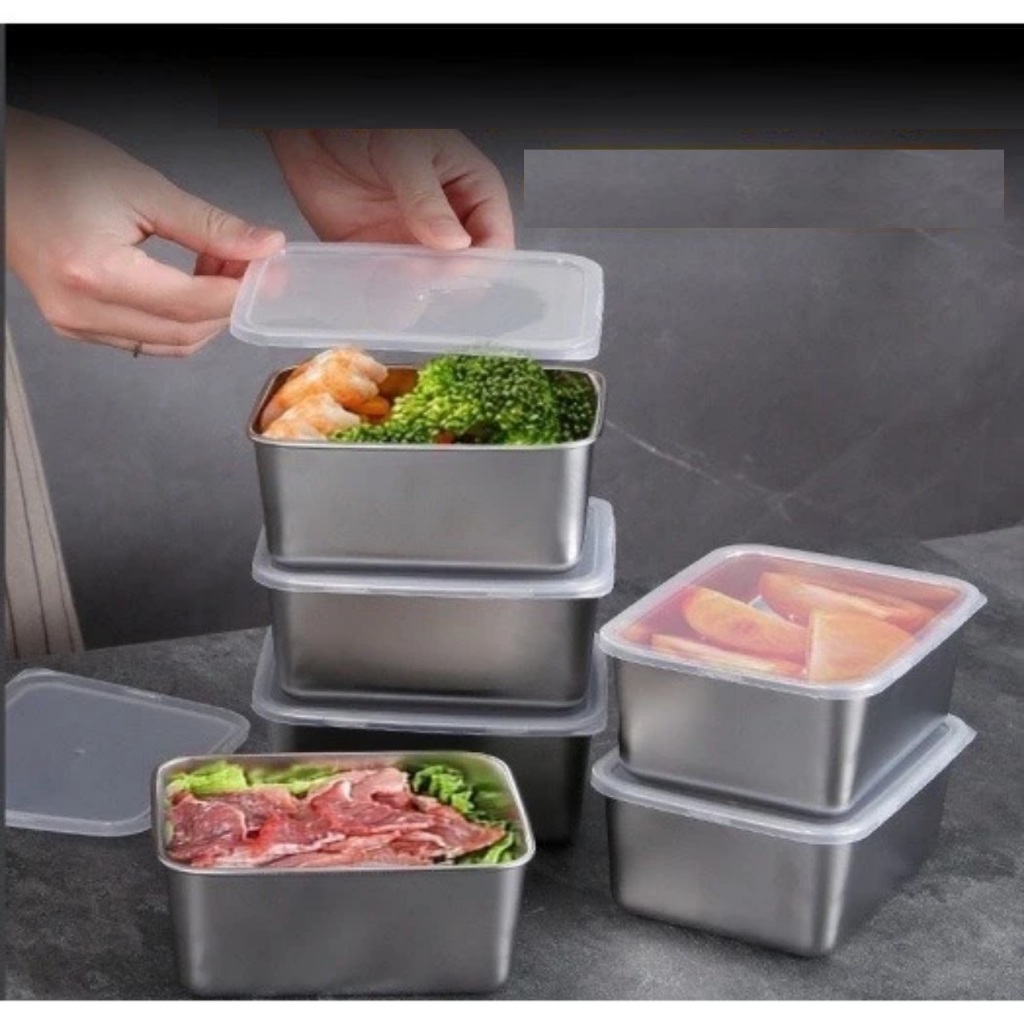 Combo 5 hộp inox 304 đựng thực phẩm không rỉ để tủ lạnh kèm nắp nhựa dùng được lò vi sóng