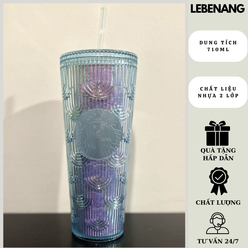 Ly giữ nhiệt Starbucks Aqua Mermaid 710ml, bình nước nhựa 2 lớp họa tiết vỏ sò xanh Lebenang