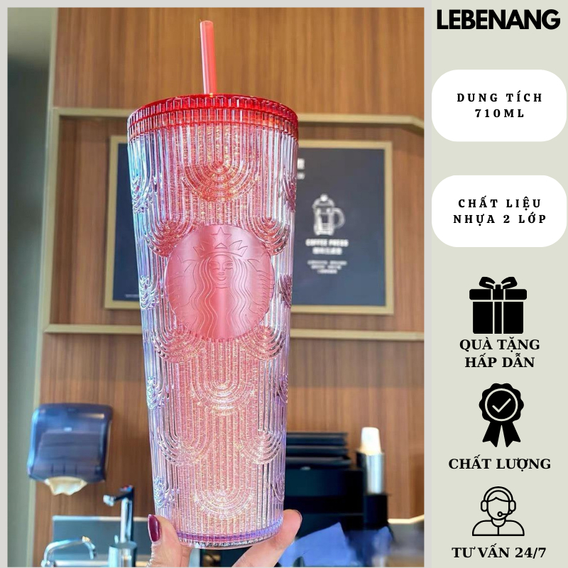 Ly giữ nhiệt Starbucks Mermaid Red 710ml, bình nước nhựa 2 lớp bling bling Lebenang