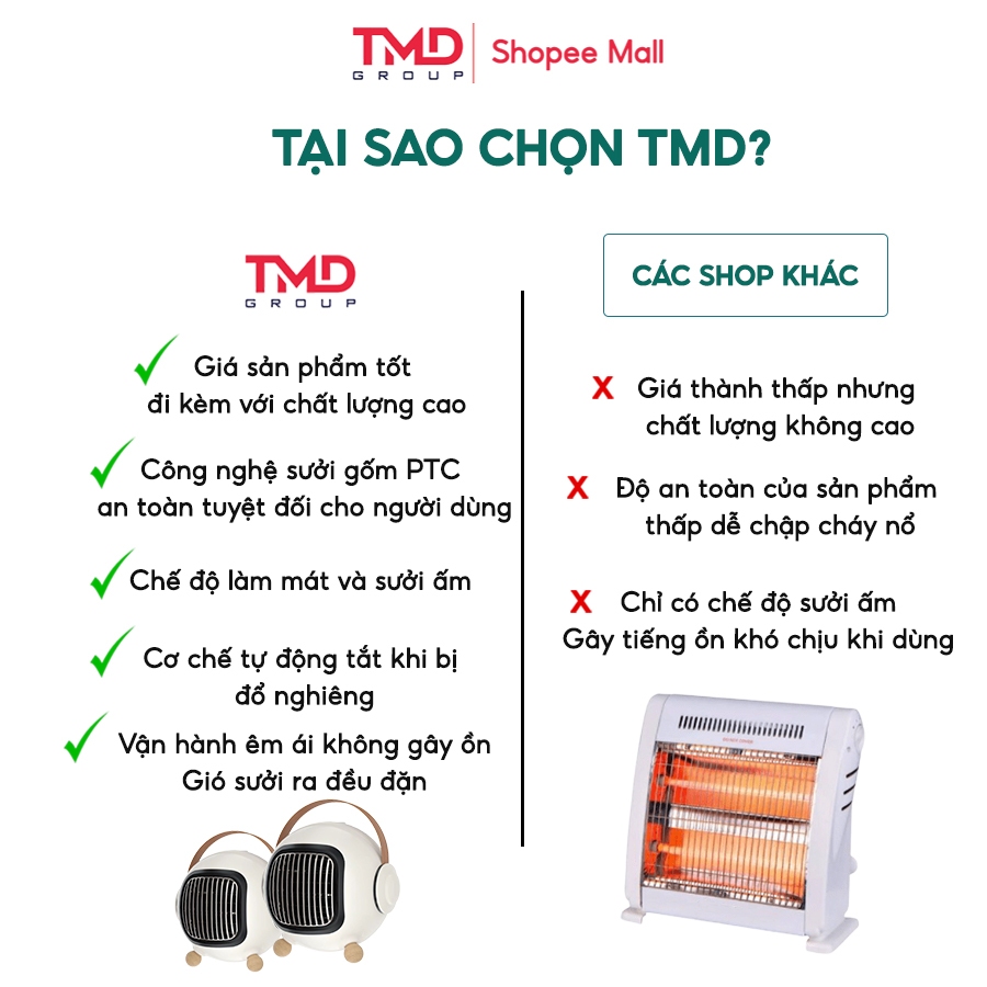 Máy sưởi mini để bàn TMD cao cấp 1300W - Công nghệ sưởi gốm PTC ceramic tích hợp điều khiển từ xa hẹn giờ |BH 6 tháng