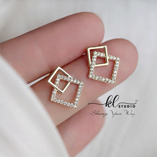  Khuyên Sát Tai Chuôi Bạc 925 Kim Loại Đính Đá Khung Vuông Đôi Đơn Giản Thanh Lịch - E66