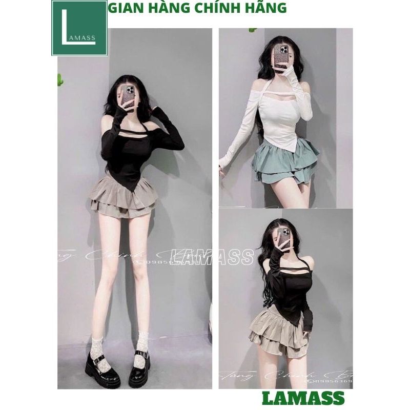 Set áo ống chocker chéo tà hở vai quyến rũ mix chân váy 2 tầng cạp cao trẻ trung