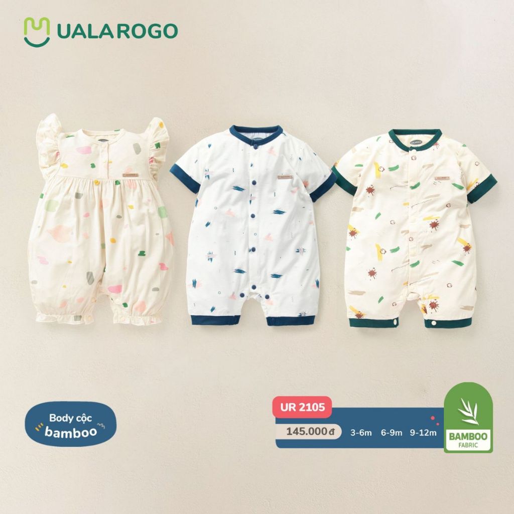 Bodysuit cho bé sơ sinh Ualarogo 3-12 tháng cộc tay vải sợi tre BAMBOO cúc giữa mềm mại thoáng mát co giãn 2105