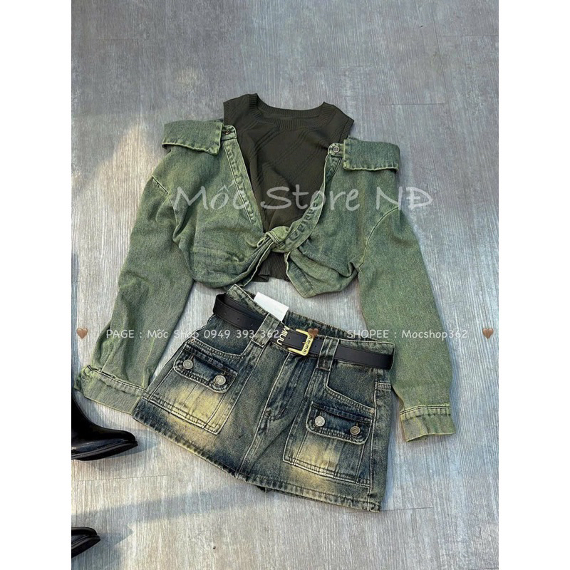 Chân váy ngắn jeans nữ dáng A túi hộp