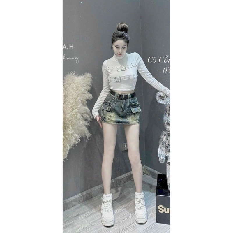 Chân váy ngắn jeans nữ dáng A túi hộp